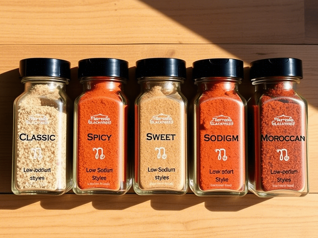 Five variations of blackened seasoning blends in labeled jars