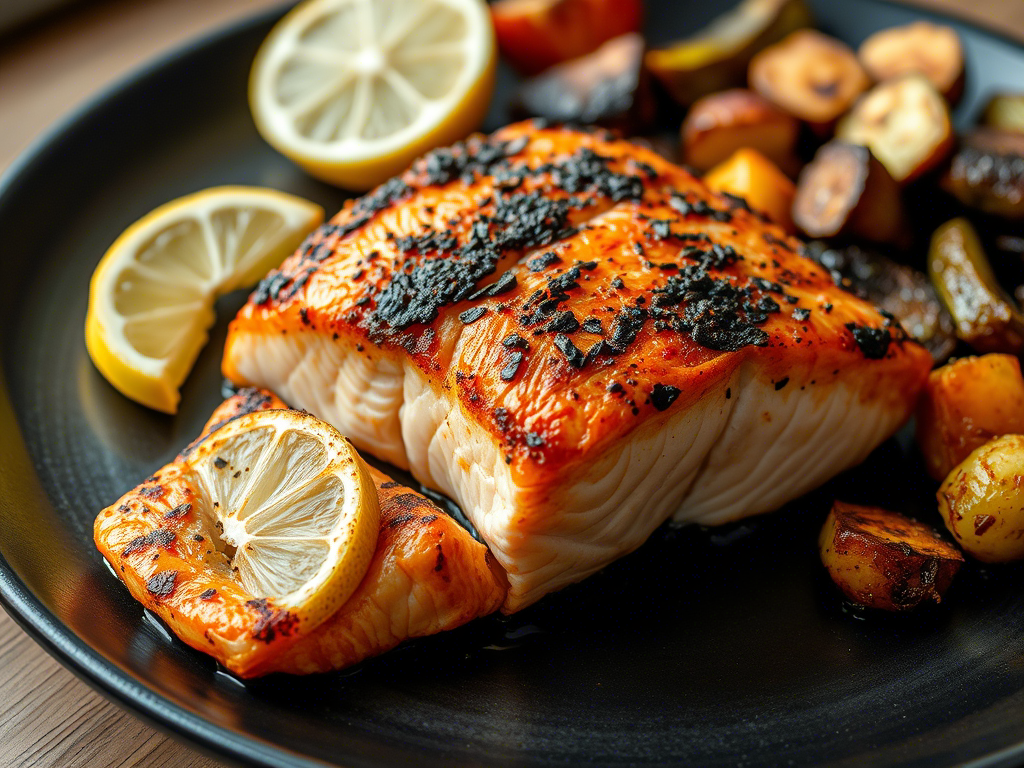 Blackened salmon fillet with crispy crust and roasted veggies