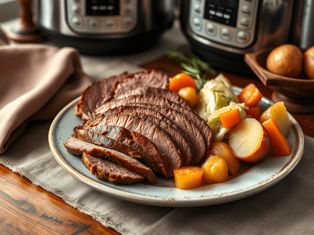 Instant pot corned beef with cabbage and potatoes served on a rustic plate