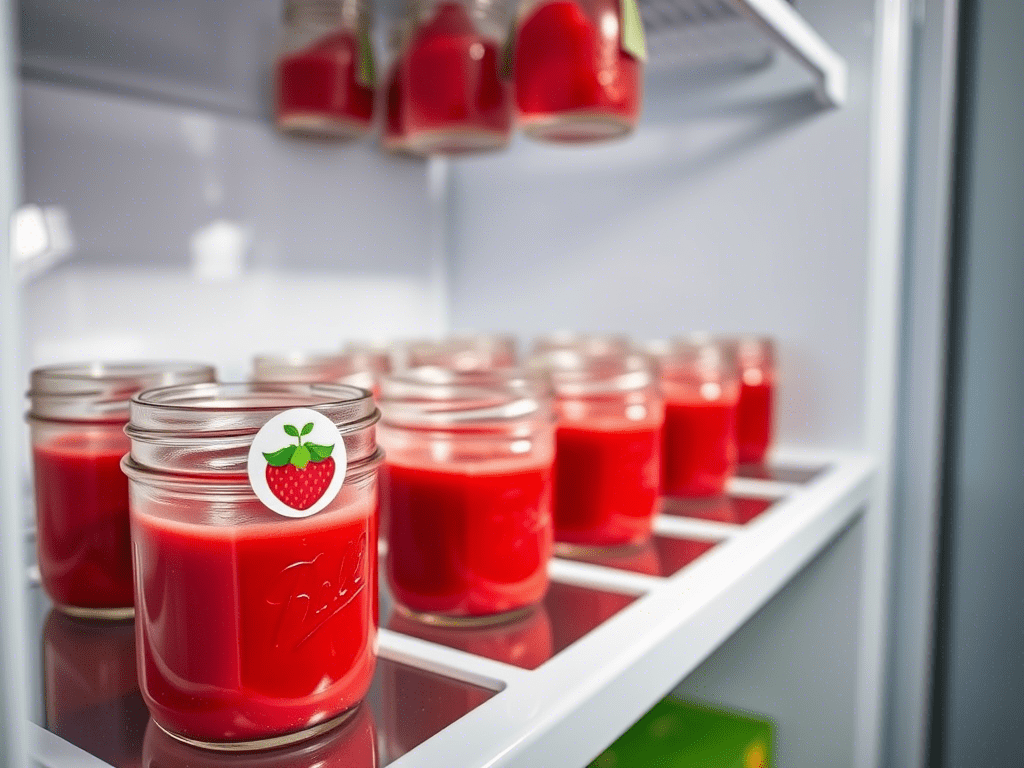 Real strawberry puree stored in mason jars inside a fridge.