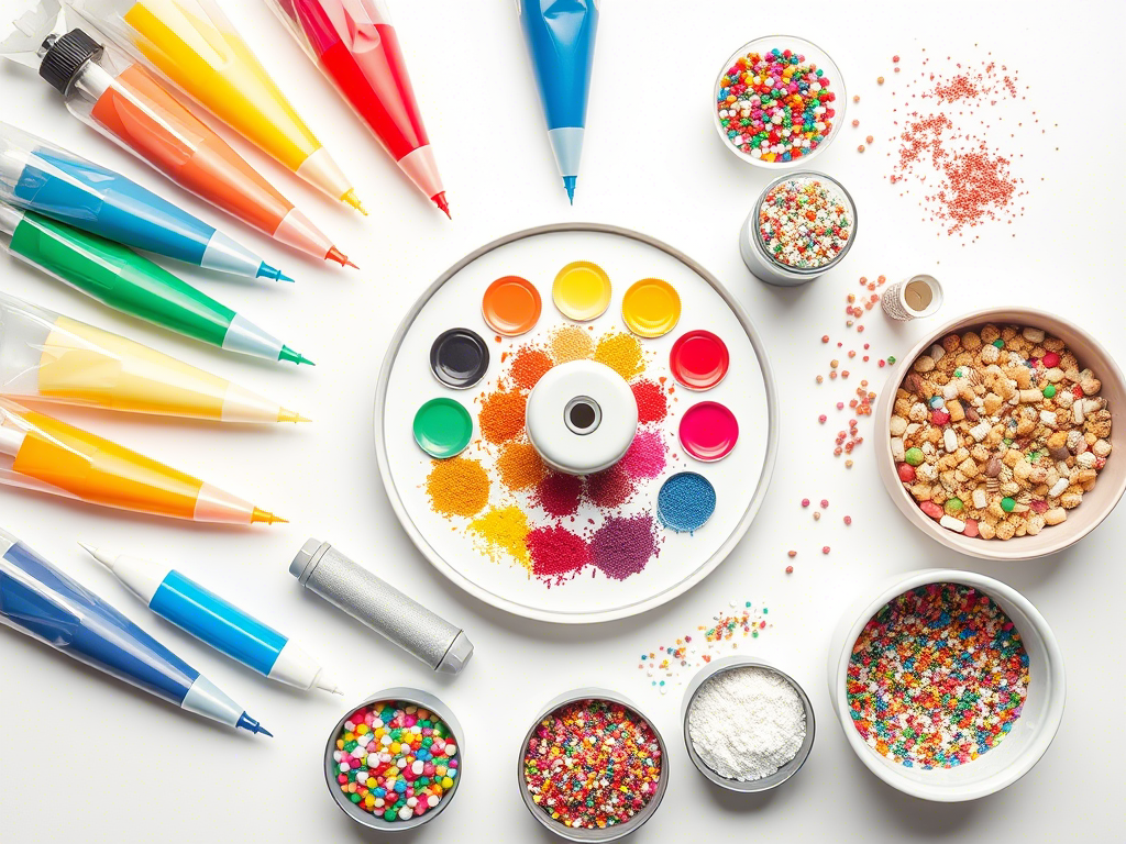 “tools for decorating blue velvet cake including food coloring and piping tips”