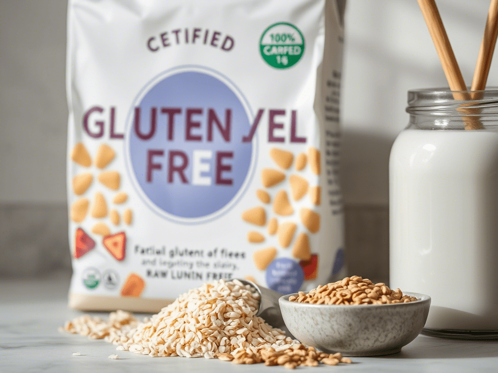 “gluten free cereal label and raw grains including rice and oats”