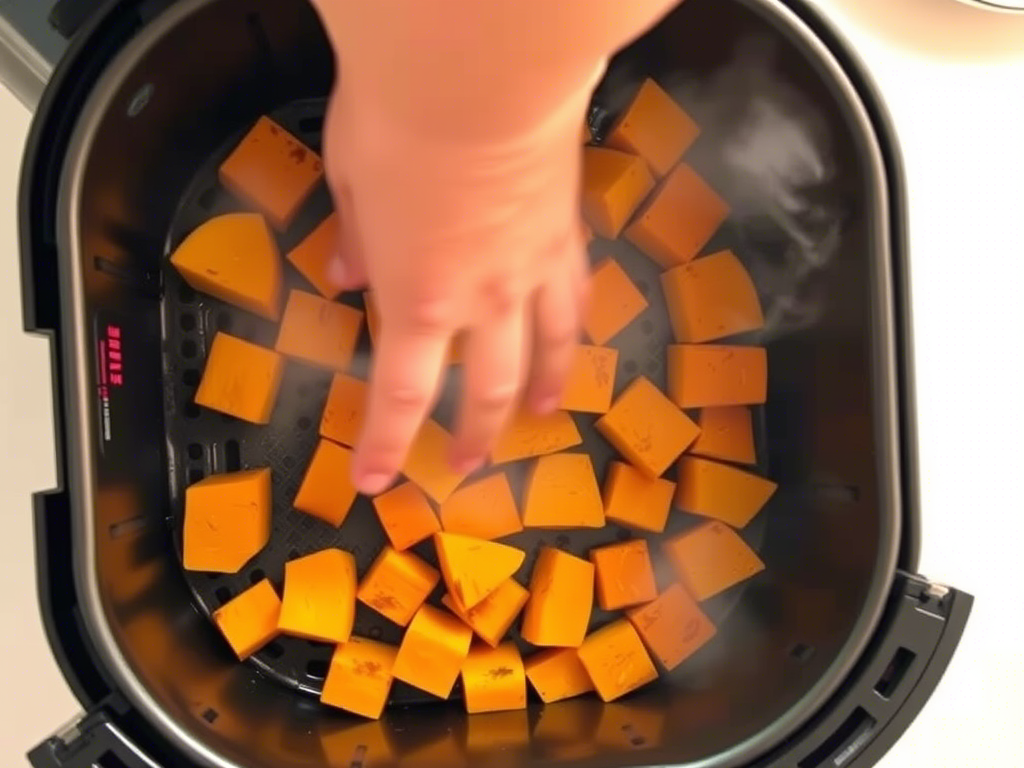 A vibrant spread of air fryer butternut squash, featuring butternut squash air fryer cubes, butternut squash in air fryer fries, and squash in air fryer salad toppings, all beautifully plated and seasoned for visual appeal.
