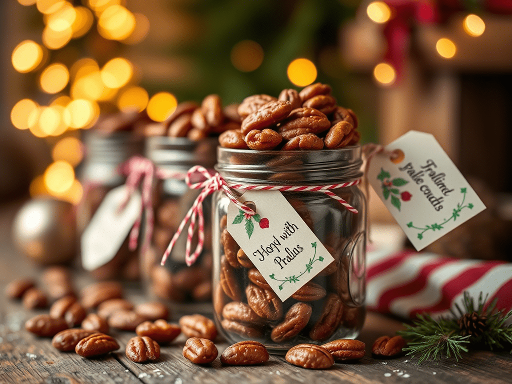 “Praline pecans in mason jars with ribbons for gifting ideas”