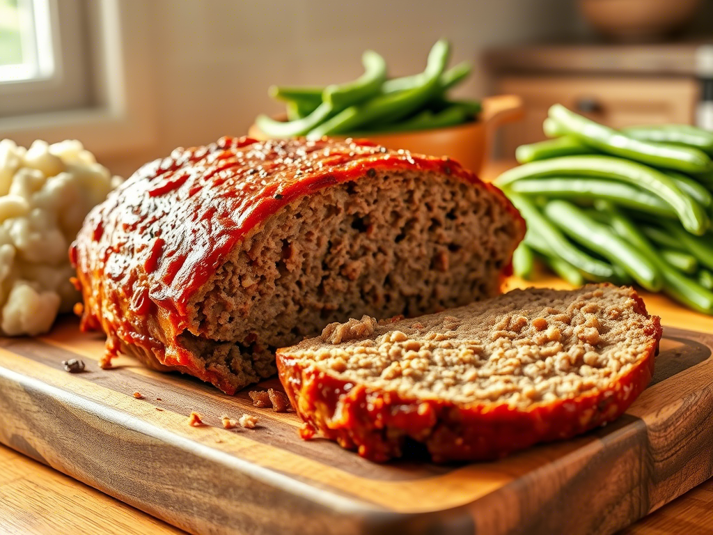 “sliced betty crocker meatloaf with mashed potatoes on cutting board”