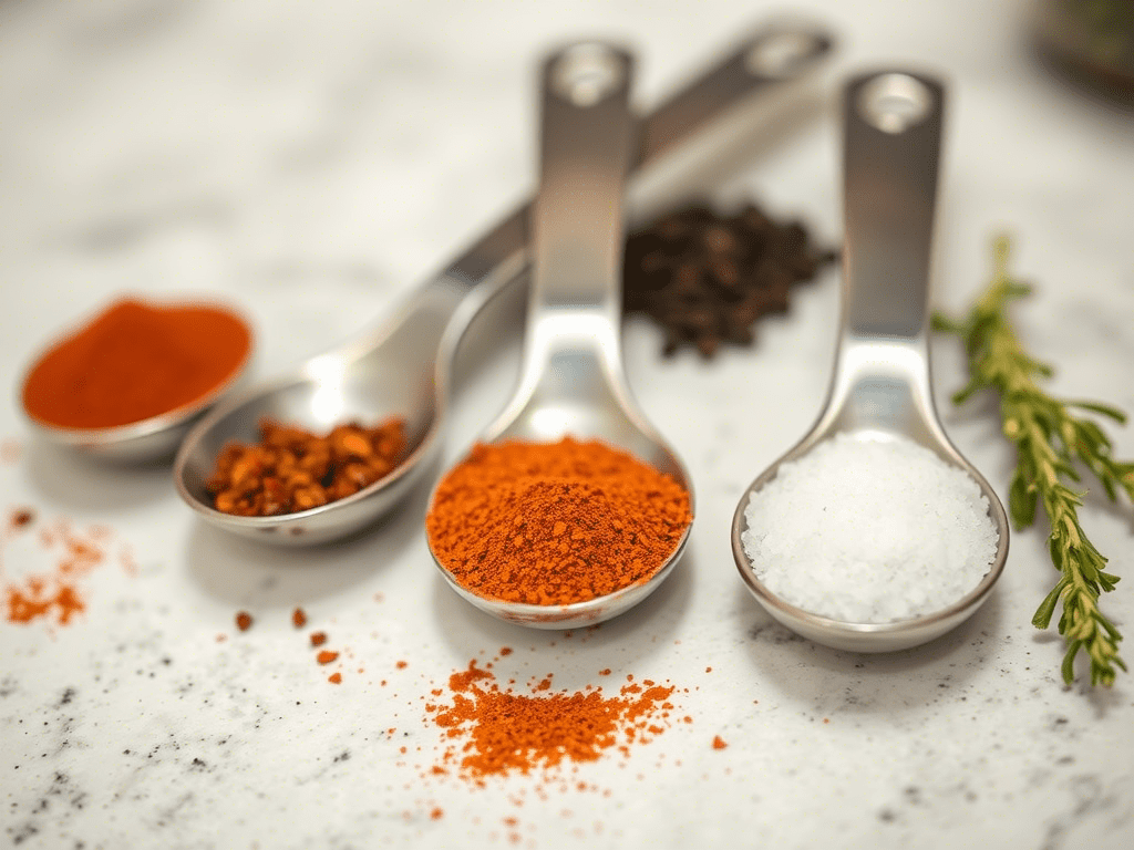 Measured spices for blackened seasoning recipe on kitchen counter