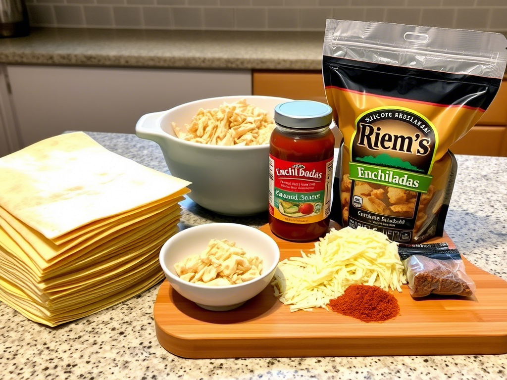 Ingredients for crock pot enchiladas: tortillas, shredded chicken, enchilada sauce, cheese, and spices.