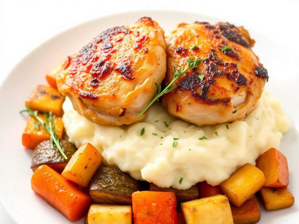 Juicy boneless skinless chicken thighs served with mashed potatoes and roasted veggies