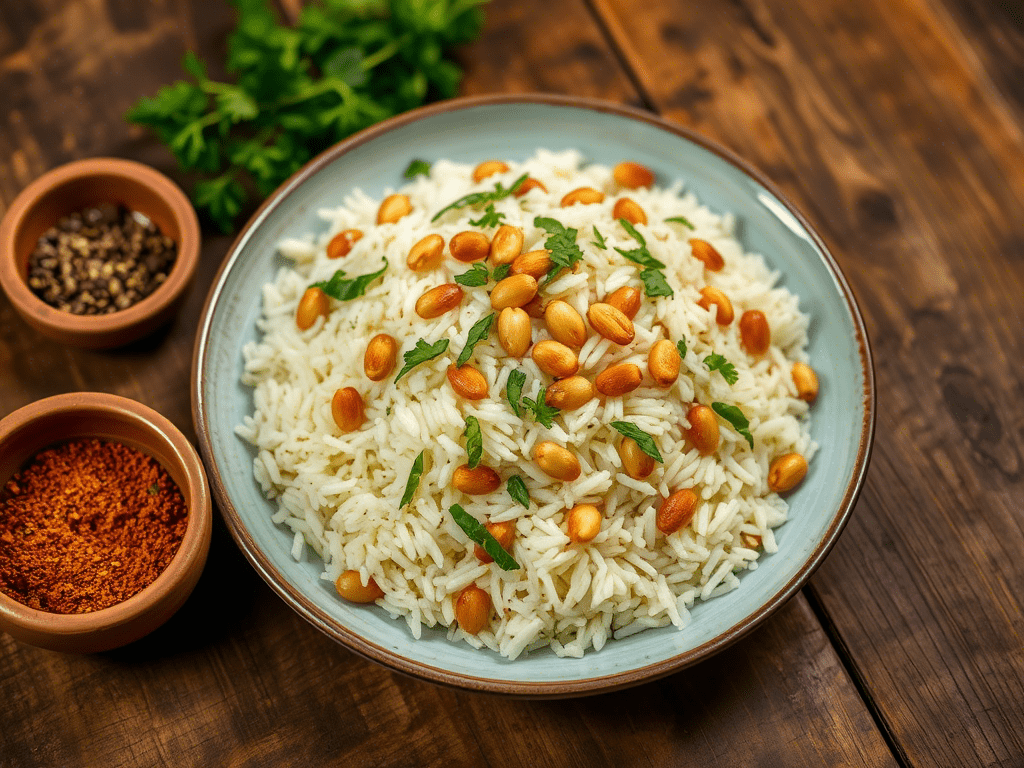 Middle Eastern rice with pine nuts and side of 7 spice in a clay bowl