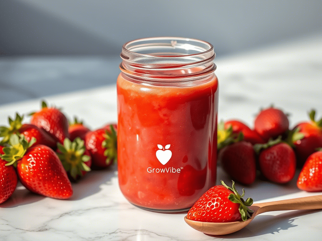 Fresh strawberry puree in a glass jar with whole strawberries — real strawberry puree.