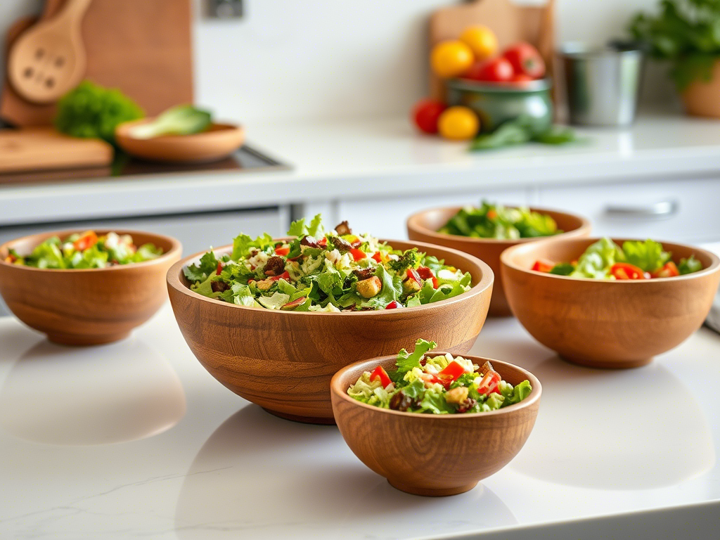 A large salad bowl set featuring a big wooden bowl and a swell salad bowl, beautifully arranged with fresh summer salads, vibrant greens, and colorful toppings, styled on a rustic wooden table ready for serving.