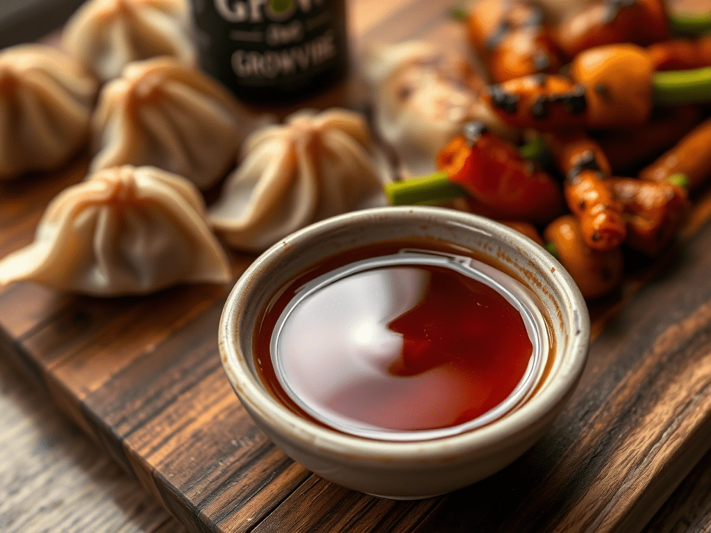 Korean BBQ dipping sauce served with dumplings and grilled vegetables