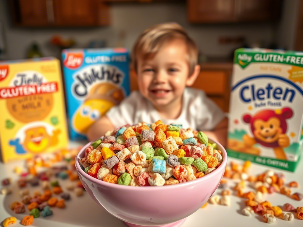 “best gluten free cereal for kids with colorful shapes and happy child”