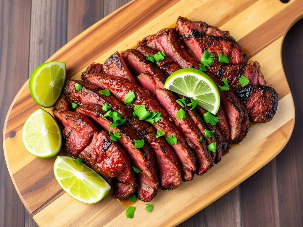 “grilled steak with chipotle marinade served with lime wedges and cilantro”