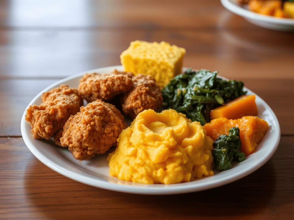 Southern meal with hot water cornbread, greens, chicken, and sweet potatoes