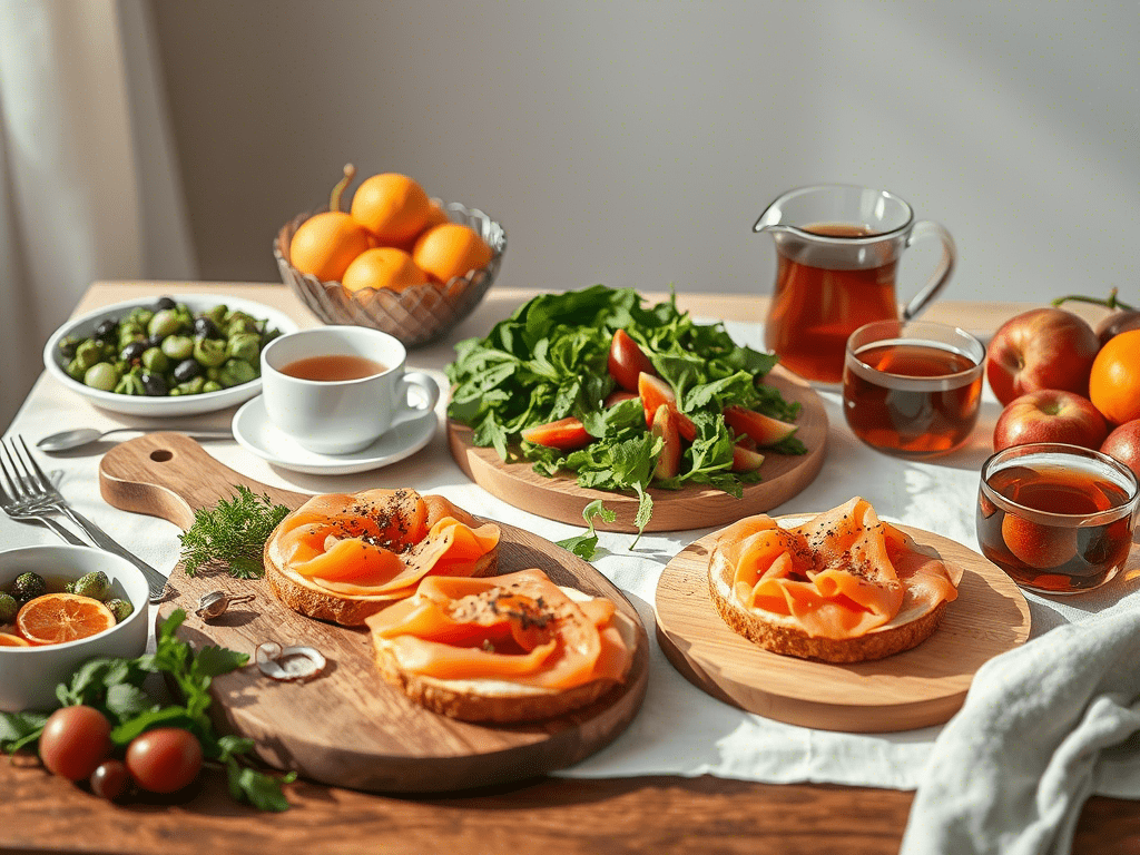 Salmon bagels served on a brunch board with fruit and tea