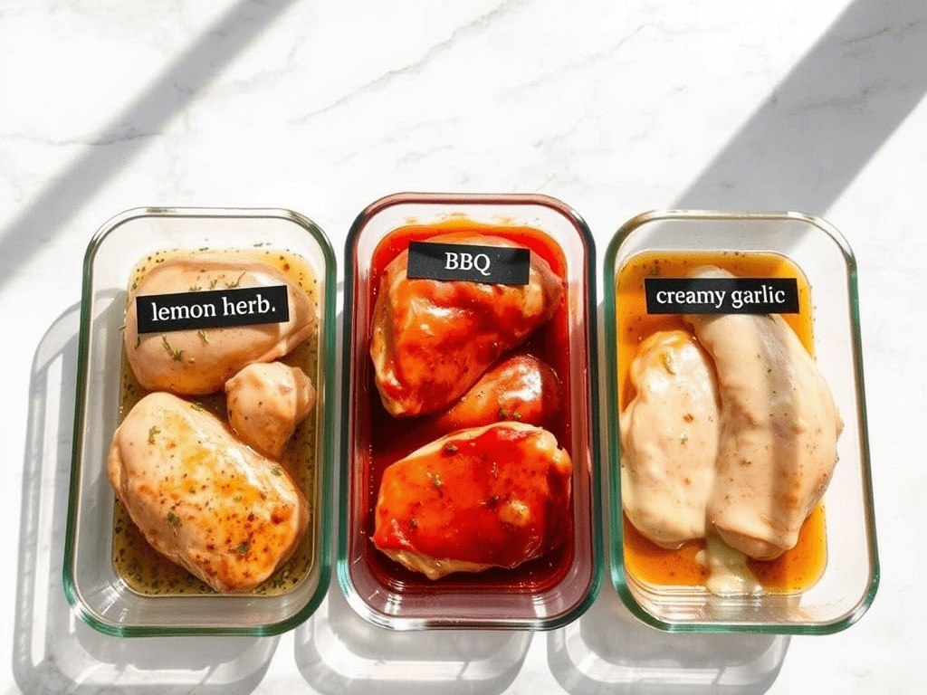 Three flavor-packed marinades for boneless skinless chicken thighs: BBQ, garlic, and lemon herb
