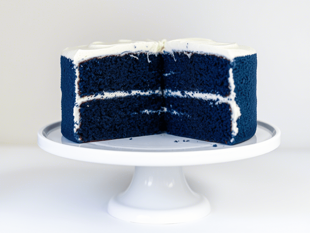 “blue velvet cake with white frosting sliced on a white cake stand”