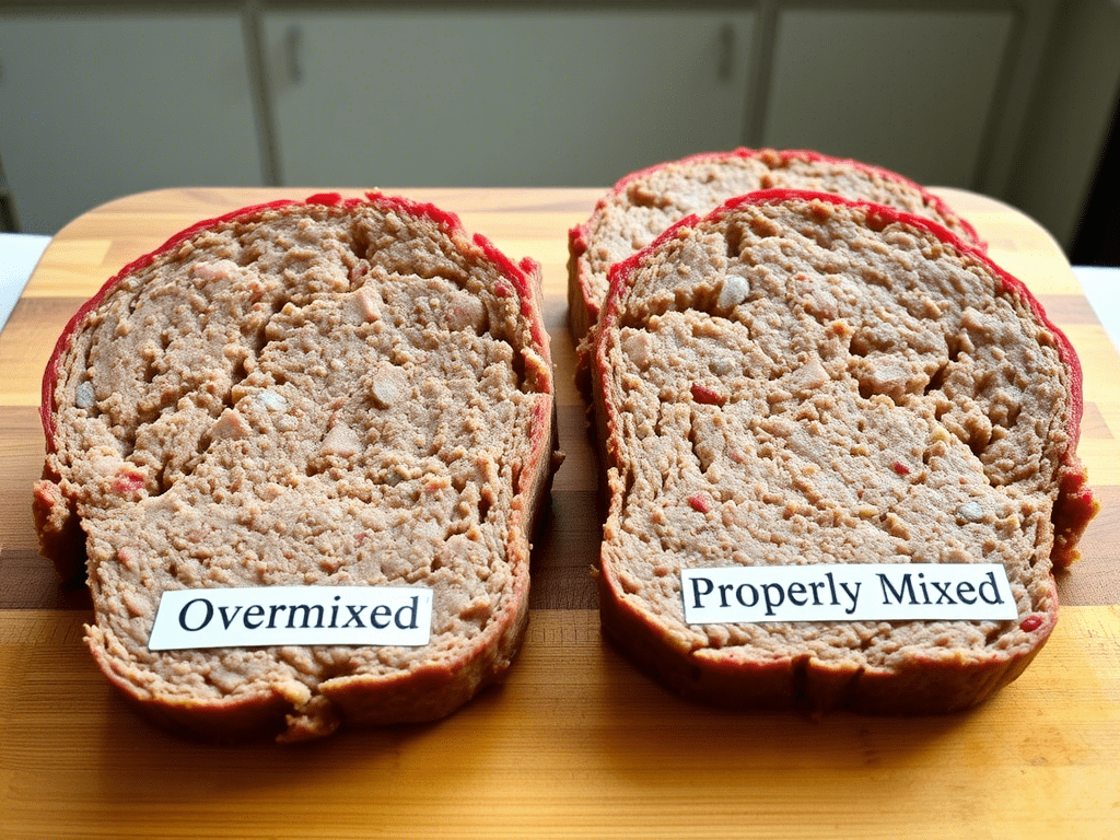 “common betty crocker meatloaf mistakes: overmixed vs correct”
