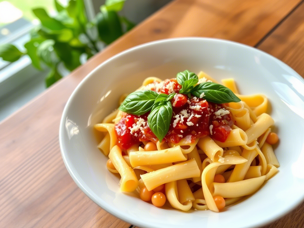 Gluten free cavatappi pasta in tomato sauce on a ceramic plate