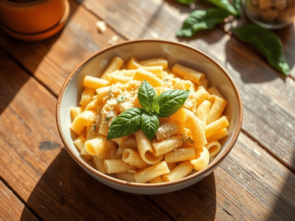 Creamy cavatappi pasta with cheese and basil on a rustic table