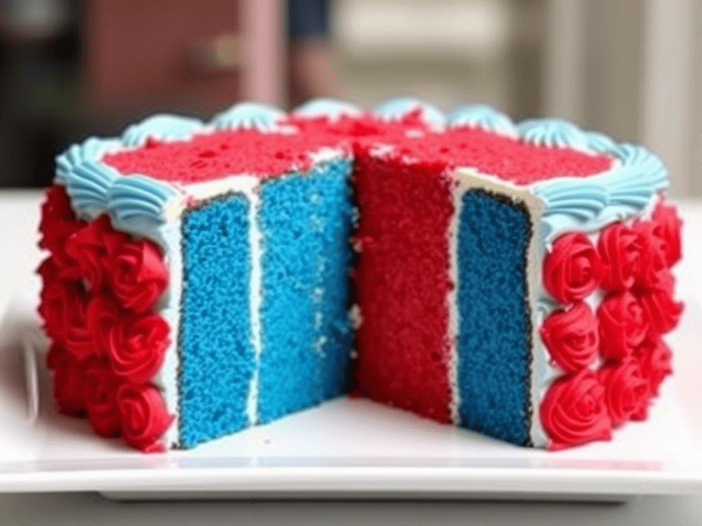 “blue and red cake layers with cream cheese frosting for gender reveal”