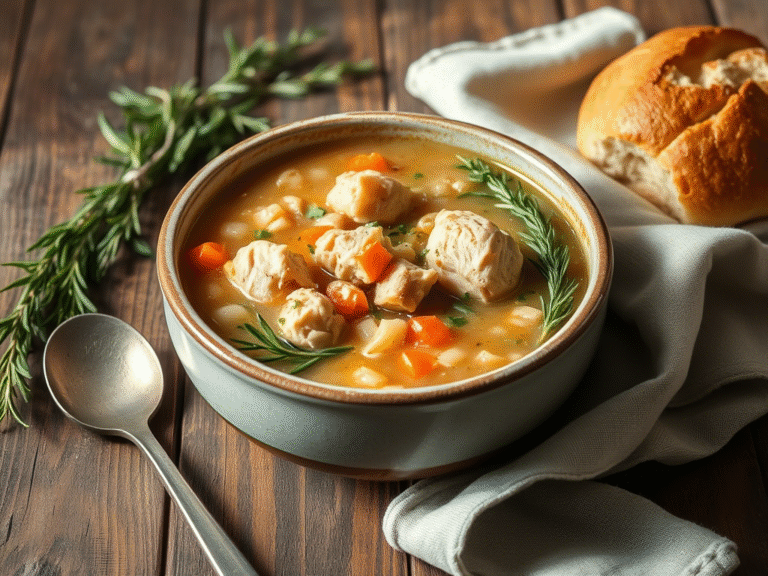 hearty chicken and barley soup in a rustic bowl with bread and herbs