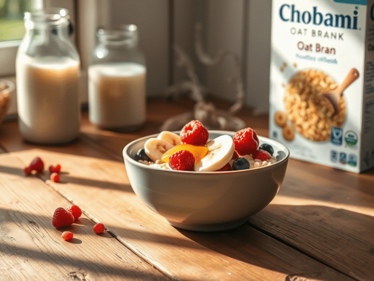 Step-by-step tutorial: measuring oat bran and Chobani oat milk, cooking in a saucepan, and a finished bowl topped with nuts and cinnamon. White background, clean composition, bright lighting