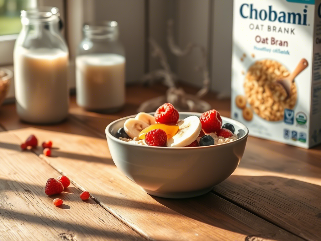 Step-by-step tutorial: measuring oat bran and Chobani oat milk, cooking in a saucepan, and a finished bowl topped with nuts and cinnamon. White background, clean composition, bright lighting