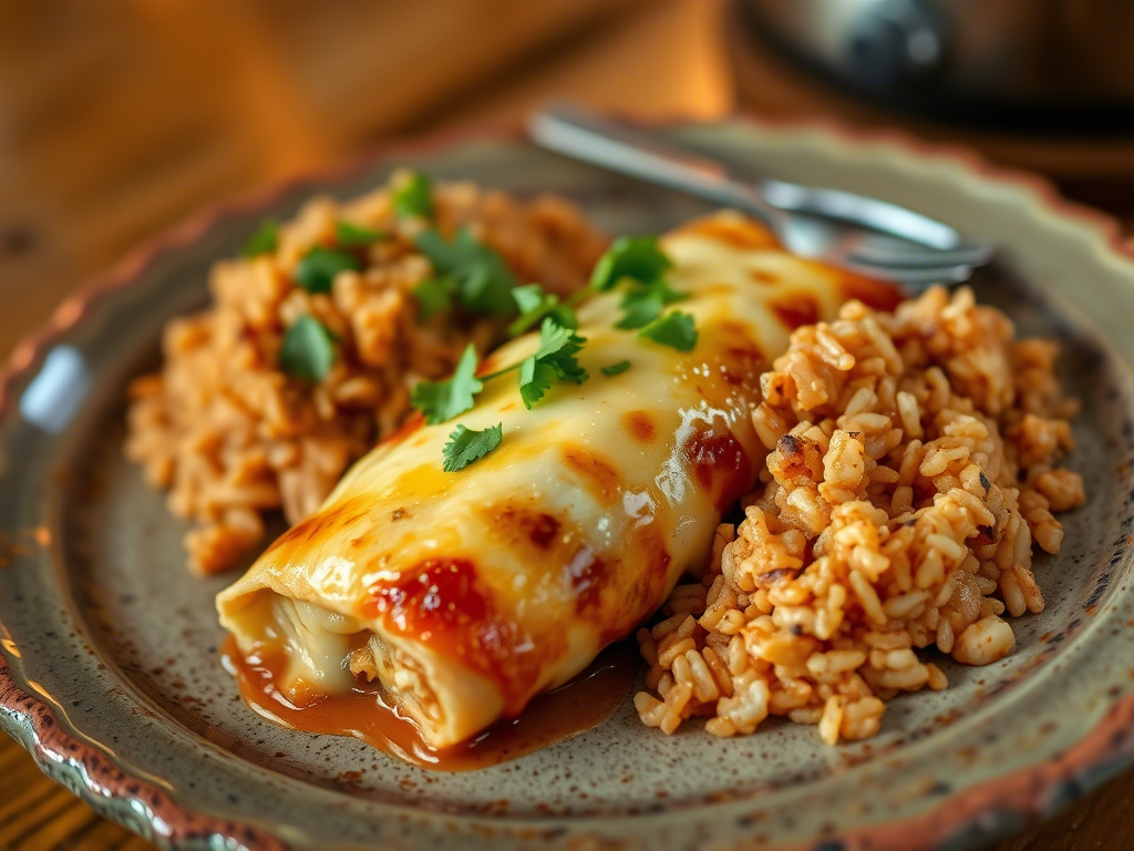 A serving of crockpot chicken enchilada on a plate, topped with cilantro and served with Mexican rice.