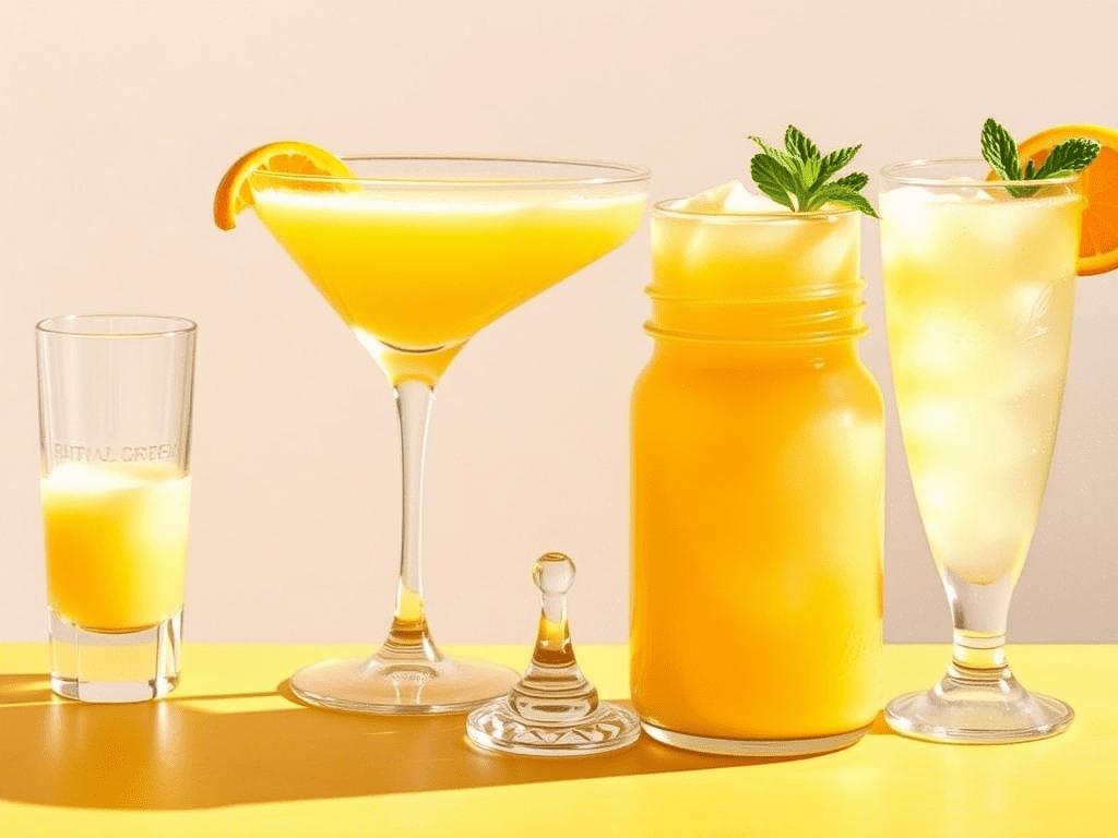 “five orange creamsicle drink variations served in different glasses”