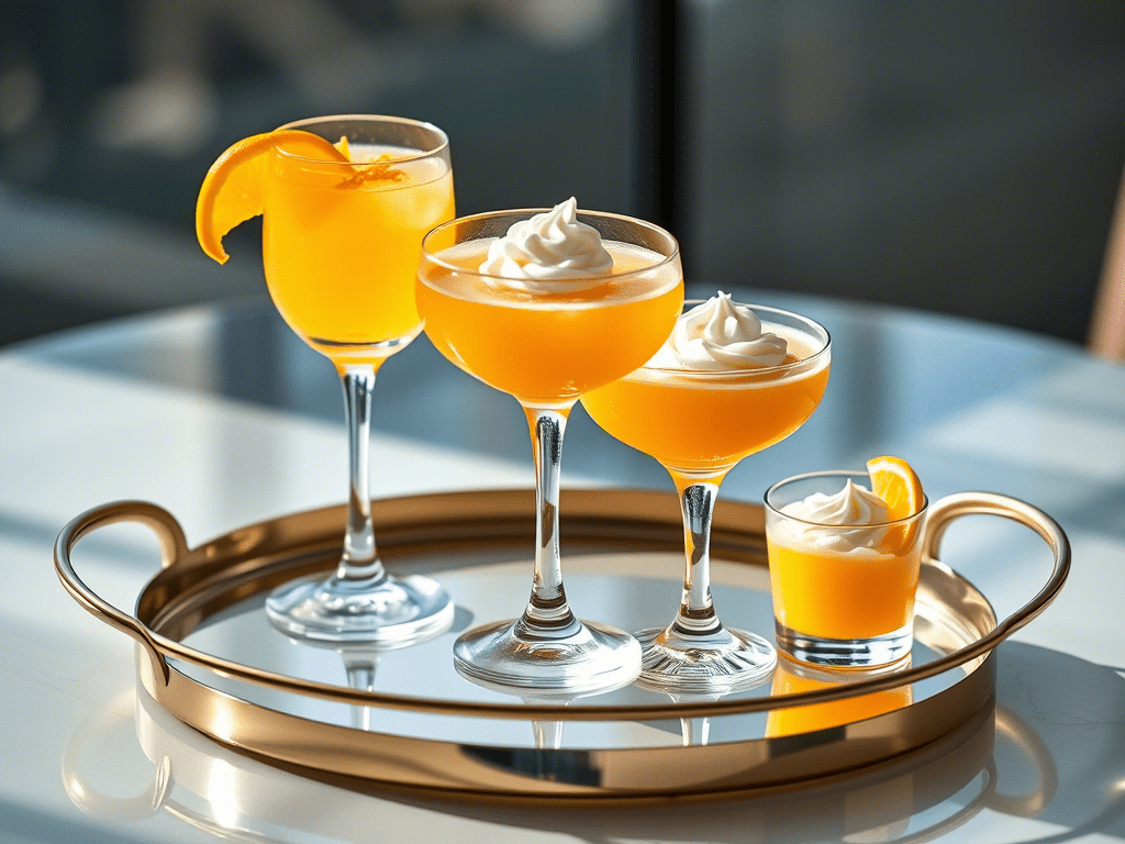 “orange creamsicle drinks in assorted glasses on serving tray with citrus garnish”