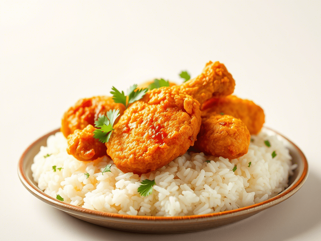 Chicken over rice served on a plate with fresh herbs