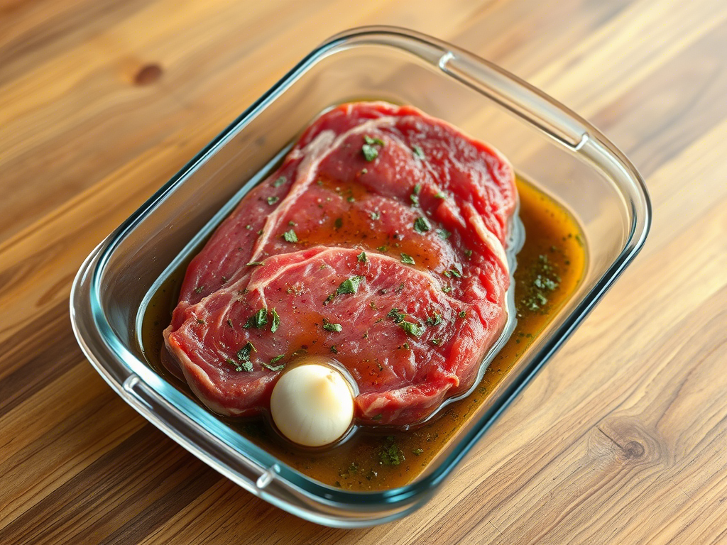 “raw london broil steak in marinade with herbs and garlic in a glass dish”