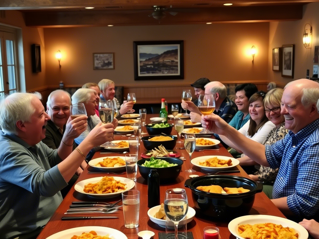 friends and family enjoying house special fried rice and crock pot enchiladas at a dinner table.