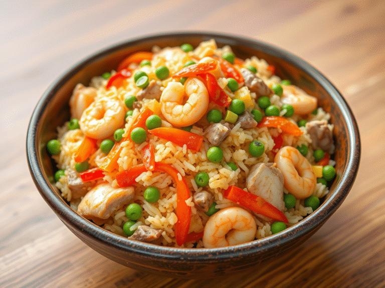 house special fried rice with shrimp, chicken, pork, and veggies in a rustic bowl.