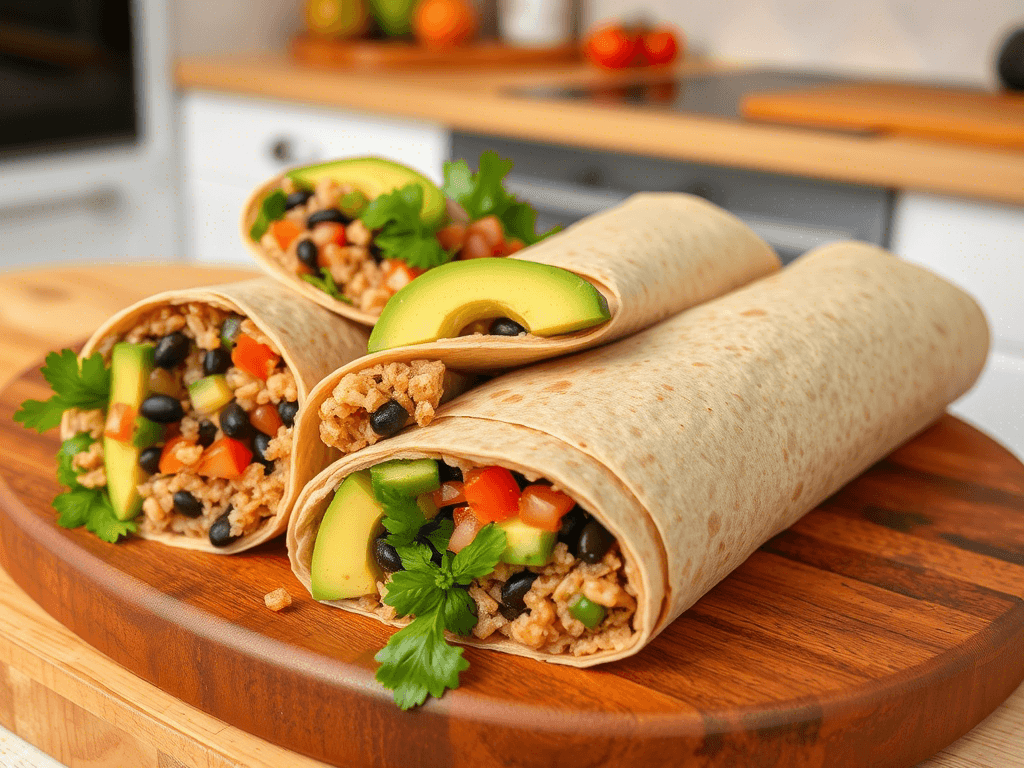 brown rice brown wraps with beans, avocado, and fresh salsa served on a board
