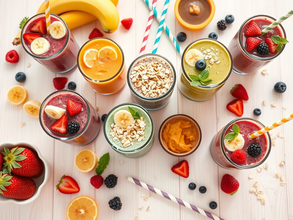 smoothie recipes with fresh fruit, oats, and colorful toppings flat lay
