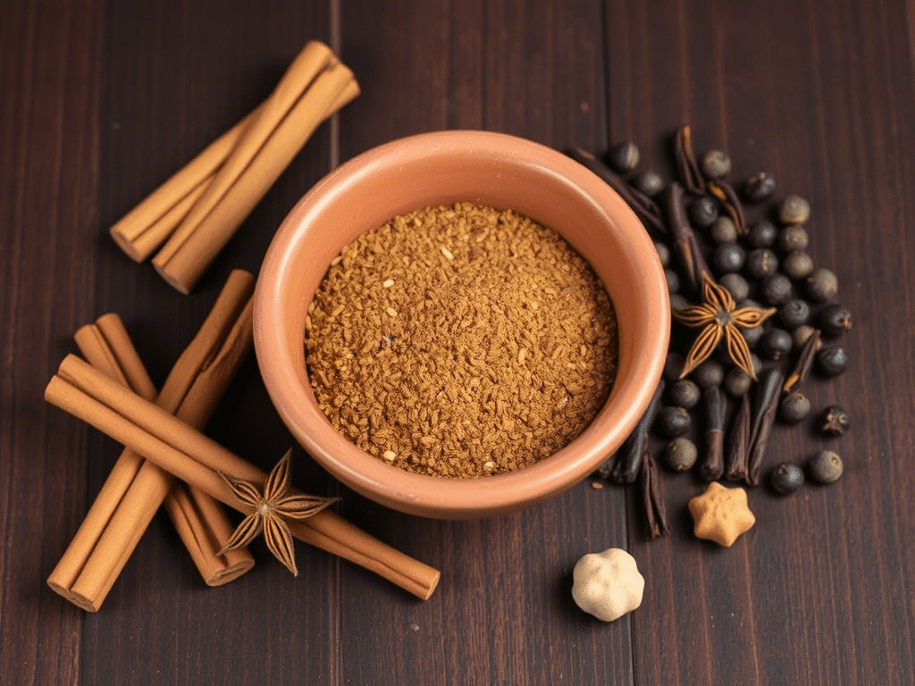 7 spice blend in a rustic bowl with whole spices on wooden table