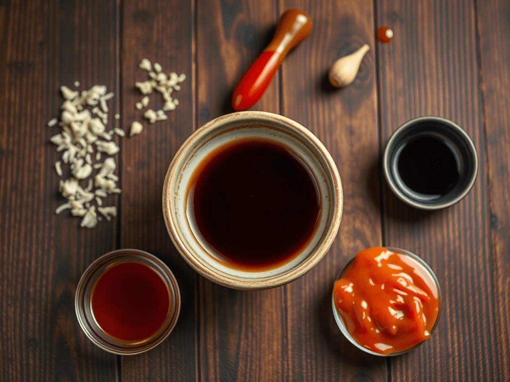 Korean BBQ sauce in a ceramic bowl with fresh ingredients on the side