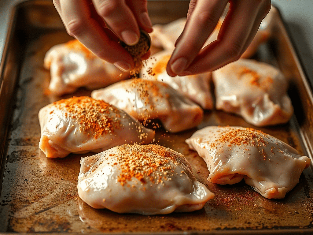 Seasoning boneless skinless chicken thighs with olive oil and spices before baking