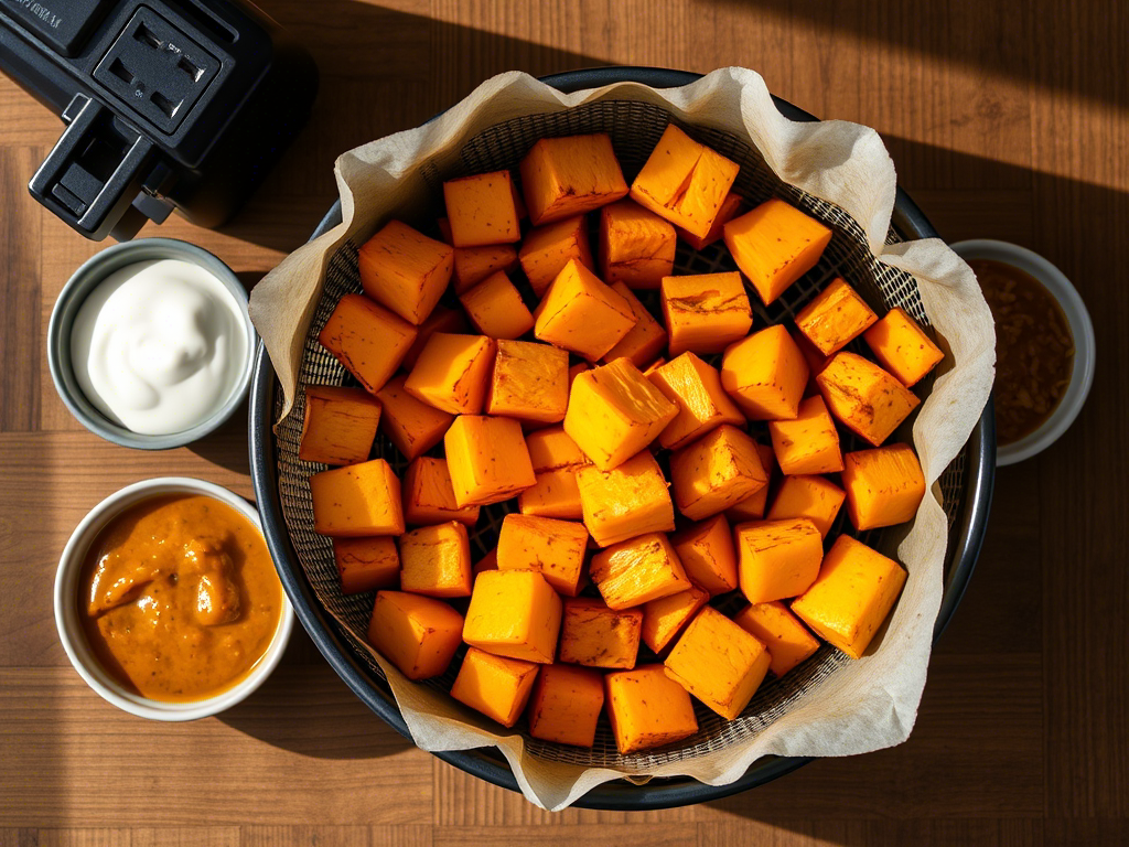A vibrant spread of air fryer butternut squash, featuring butternut squash air fryer cubes, butternut squash in air fryer fries, and squash in air fryer salad toppings, all beautifully plated and seasoned for visual appeal.