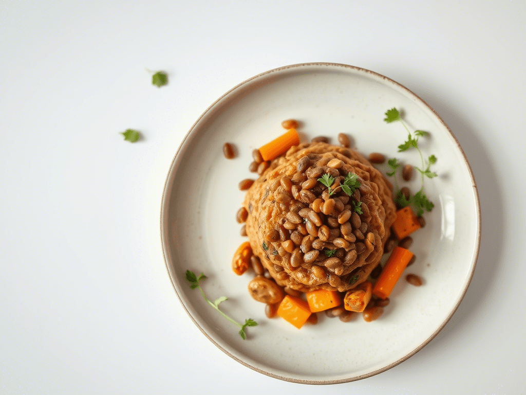 “vegetarian musakka with lentils and roasted vegetables served on ceramic plate”