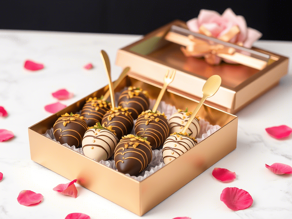 “Elegant dessert gift box filled with decorated Dubai chocolate strawberries, mini gold utensils, and rose petals with a clear lid”