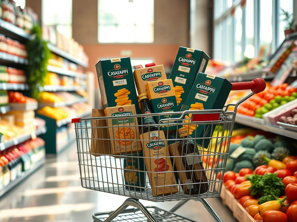 Buying cavatappi pasta at a grocery store with Italian products