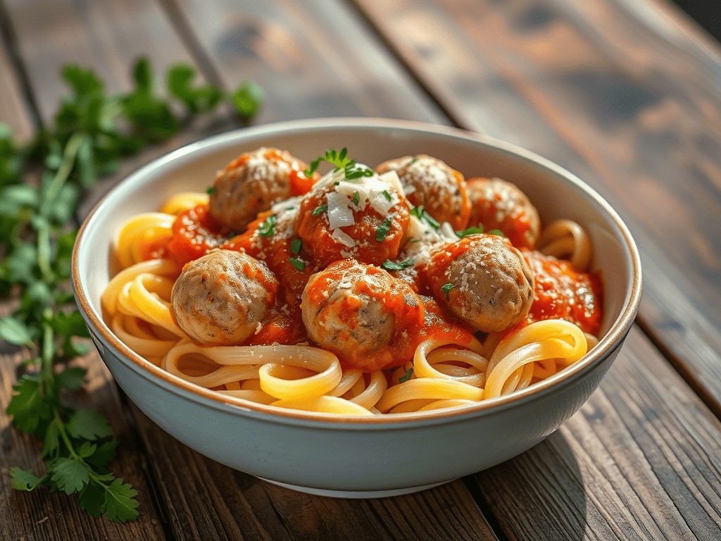 Easy frozen meatballs served in a pasta bowl using the best frozen meatballs for a delicious frozen meatball recipe