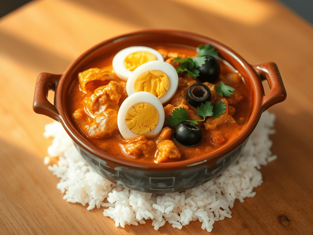 “aji de gallina served over rice with boiled egg, olives, and creamy yellow sauce”