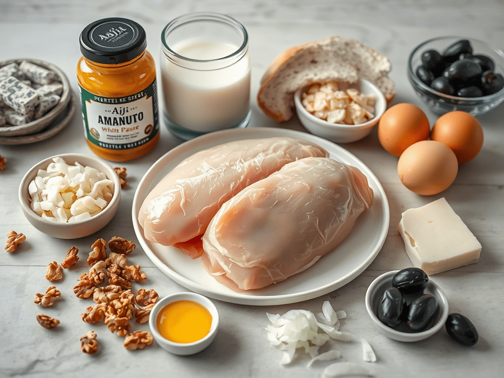 “ingredients for aji de gallina recipe including chicken, aji amarillo, walnuts, and milk”