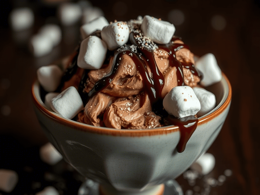 "Chocolate snow ice cream recipe with marshmallow topping"