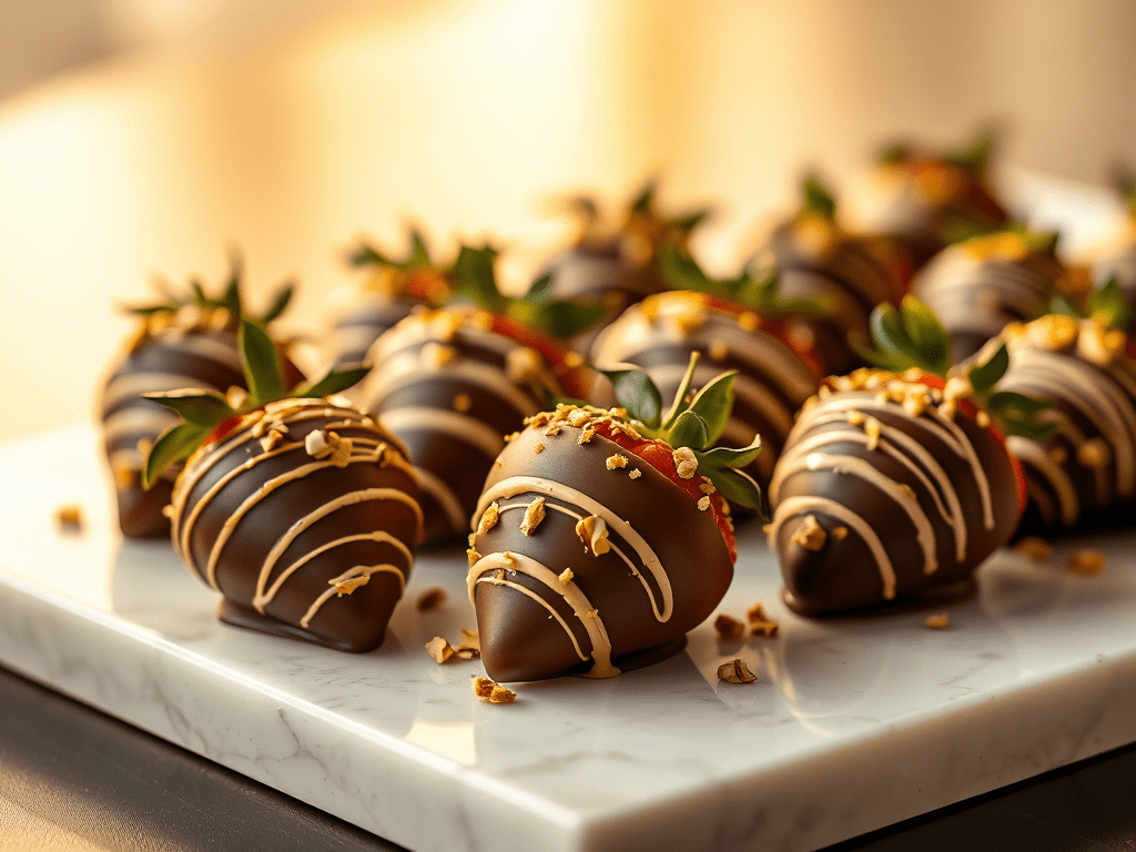 Dubai chocolate strawberries with gold leaf and pistachios on marble tray